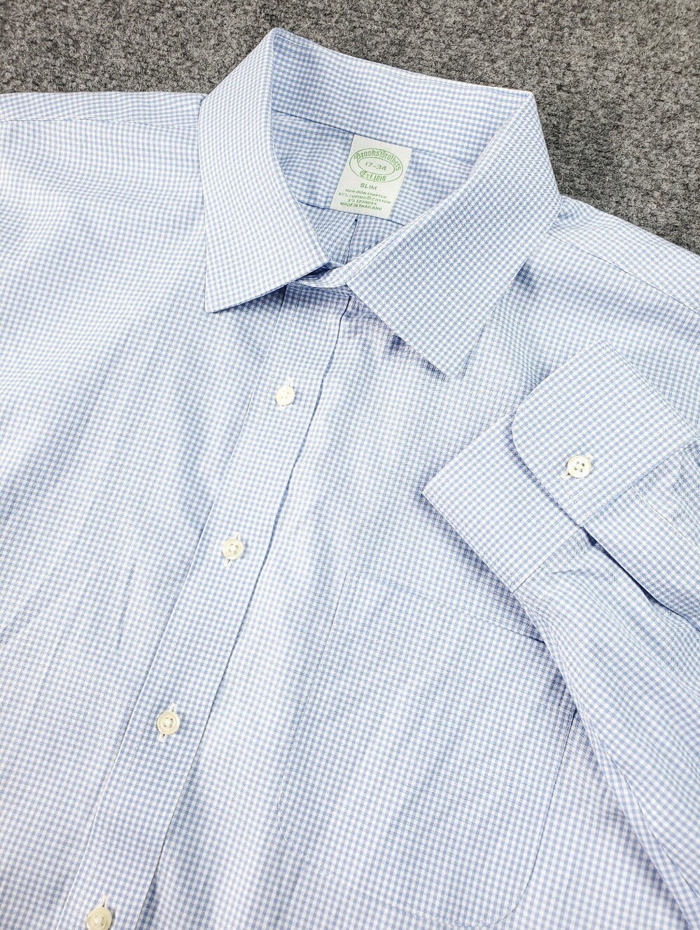 Brooks Brothers Non Iron Stretch Dress Shirt 17 34 Slim Fit Supima Gingham Blue